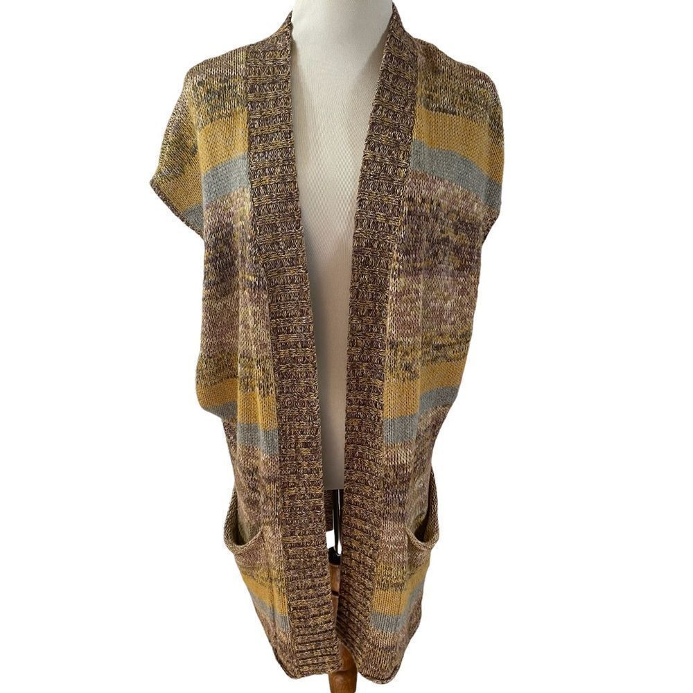 Sparrow Anthropologie Striped Knit Cardigan Vest Mustard Brown Grey Medium